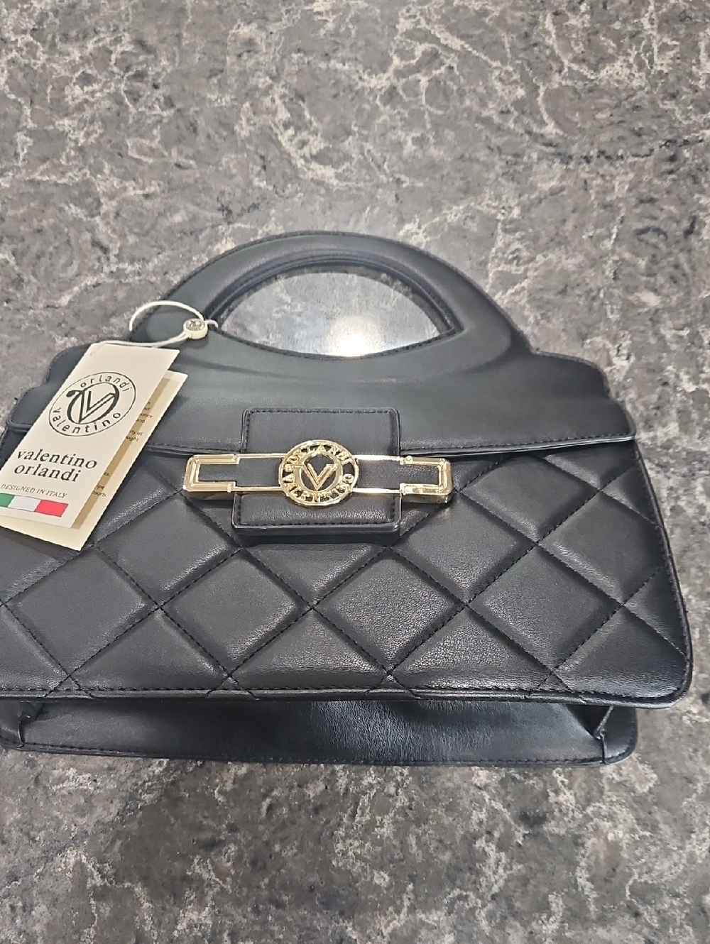 Valentino Orlandi Black Quilted Satchel with Gold-Tone Emblem